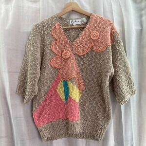 Vintage Carducci Sweater Medium Novelty Knit Beige Pink‎ Floral Accent 80's
